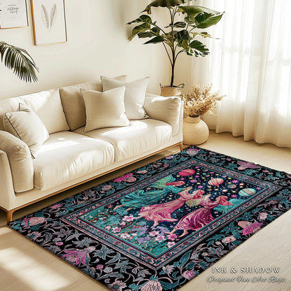 Witchy Celestial Angels Accent Rug | Astrology Inspired Cosmic Bedroom Decor Whimsical Eclectic Home Decor Fairycore Bohemian Jewel Tone |