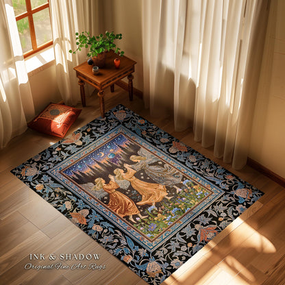 Woodland Folklore Fairies Accent Rug | Medieval Moonlit Bohemian Dreamy Spirits Midsummer Aesthetic Dark Academia Bedroom Decor Whimsical |