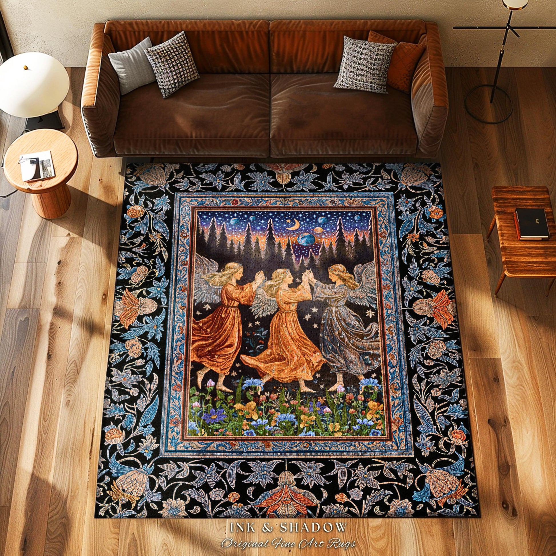 Woodland Folklore Fairies Accent Rug | Medieval Moonlit Bohemian Dreamy Spirits Midsummer Aesthetic Dark Academia Bedroom Decor Whimsical |