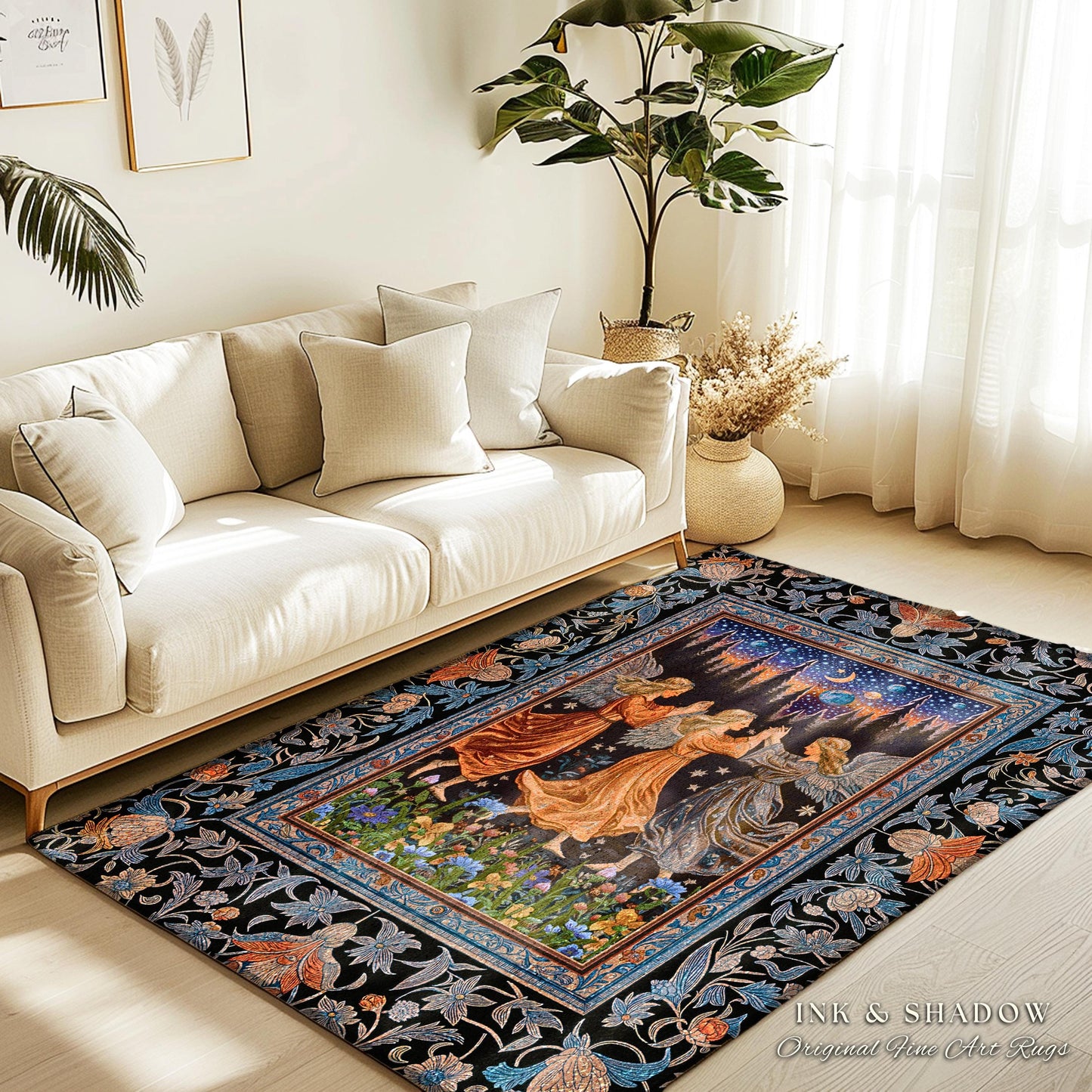 Woodland Folklore Fairies Accent Rug | Medieval Moonlit Bohemian Dreamy Spirits Midsummer Aesthetic Dark Academia Bedroom Decor Whimsical |