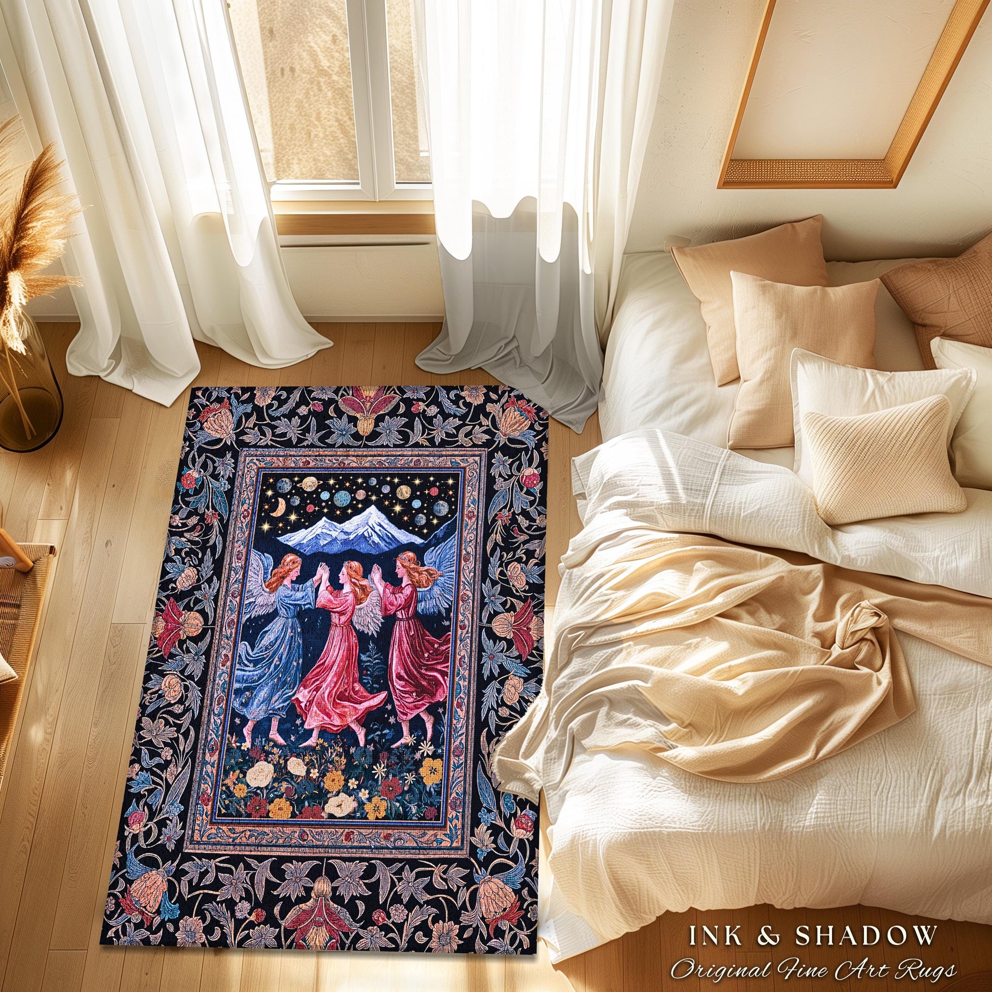 Mountain Fairies Magical Area Rug | Whimsical Scandinavian Folklore Jewel Tone Bedroom Medieval Angel Aesthetic Celestial Woodland Style |