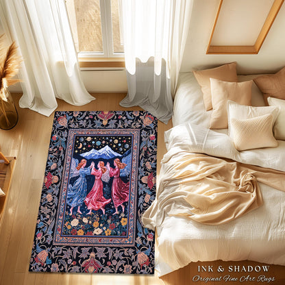 Mountain Fairies Magical Area Rug | Whimsical Scandinavian Folklore Jewel Tone Bedroom Medieval Angel Aesthetic Celestial Woodland Style |