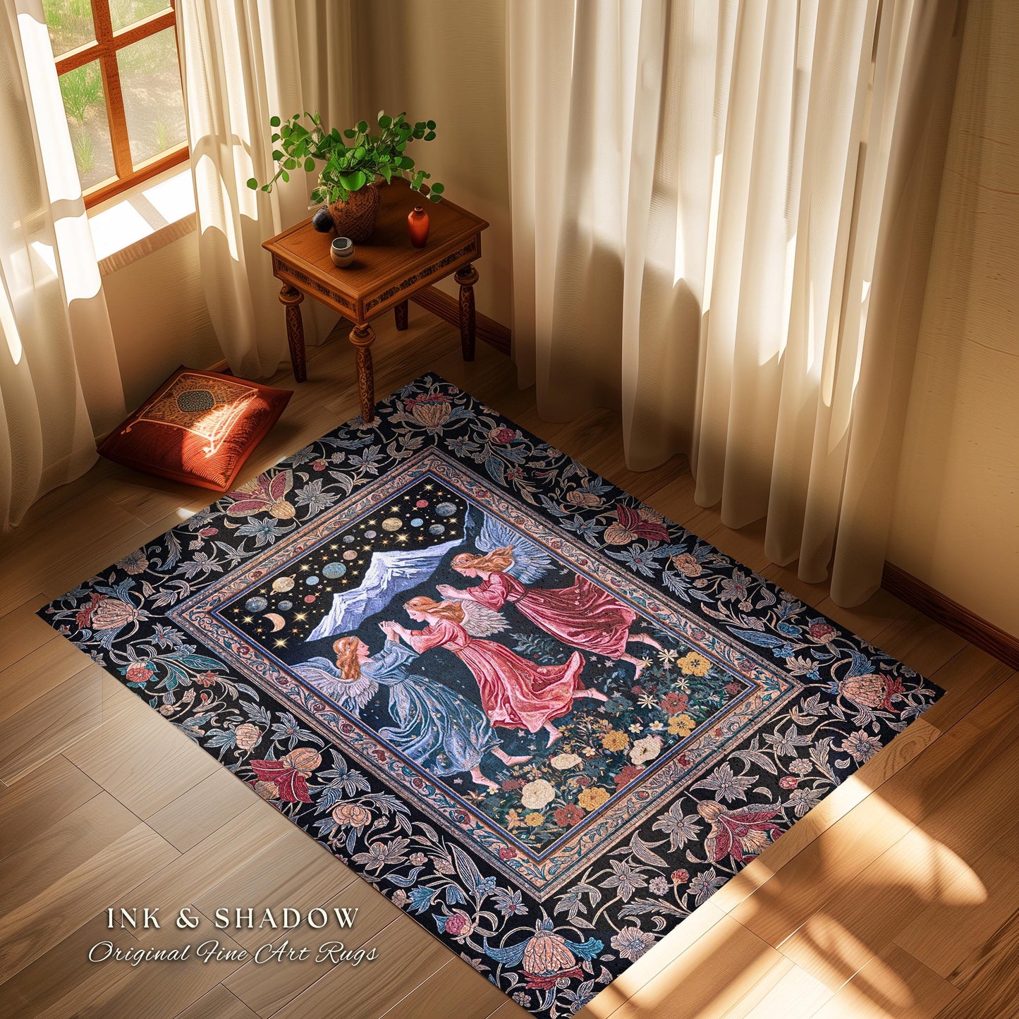 Mountain Fairies Magical Area Rug | Whimsical Scandinavian Folklore Jewel Tone Bedroom Medieval Angel Aesthetic Celestial Woodland Style |