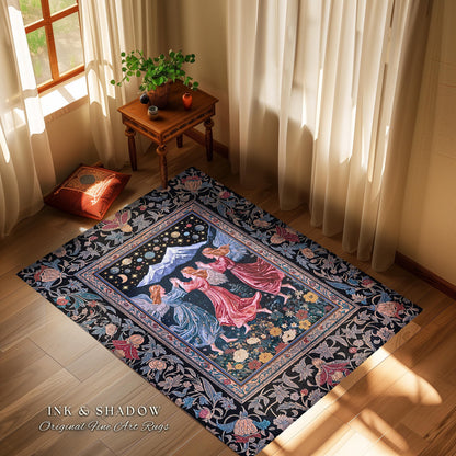 Mountain Fairies Magical Area Rug | Whimsical Scandinavian Folklore Jewel Tone Bedroom Medieval Angel Aesthetic Celestial Woodland Style |