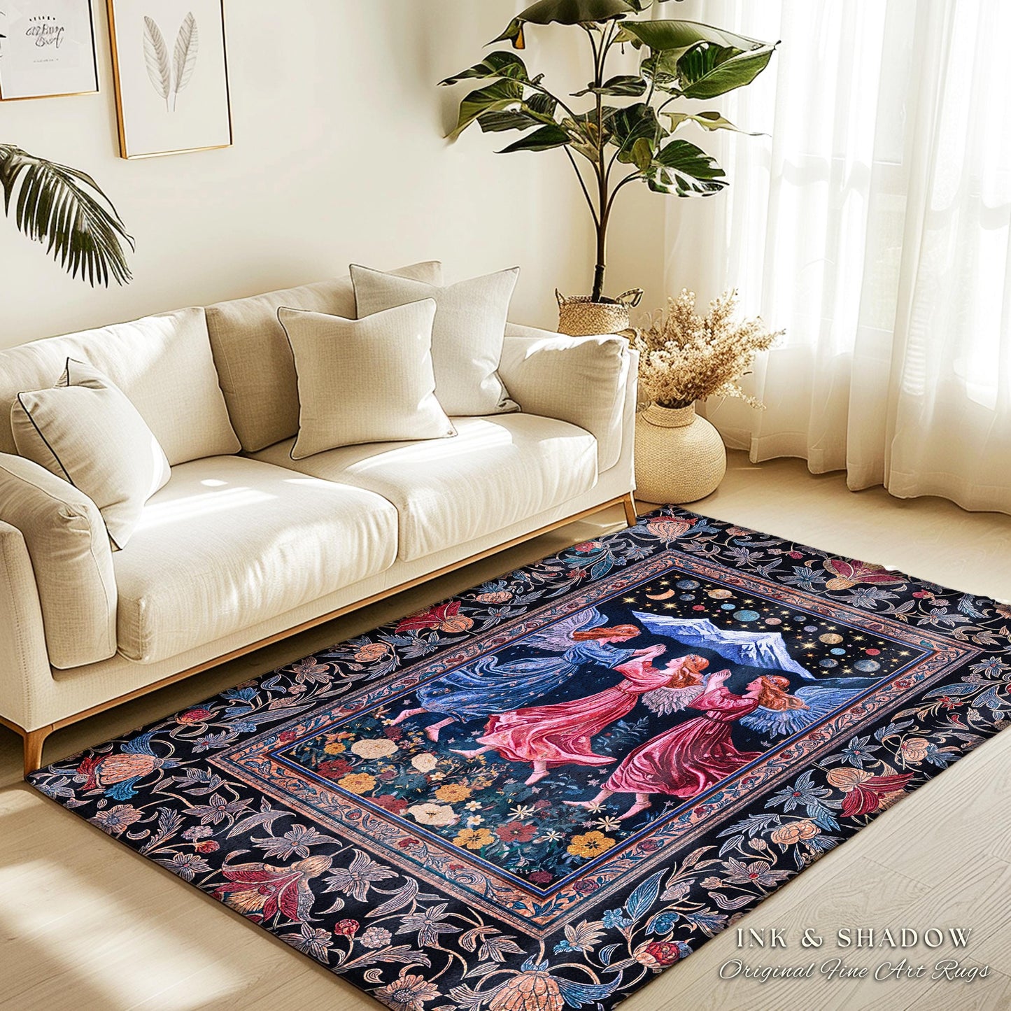 Mountain Fairies Magical Area Rug | Whimsical Scandinavian Folklore Jewel Tone Bedroom Medieval Angel Aesthetic Celestial Woodland Style |