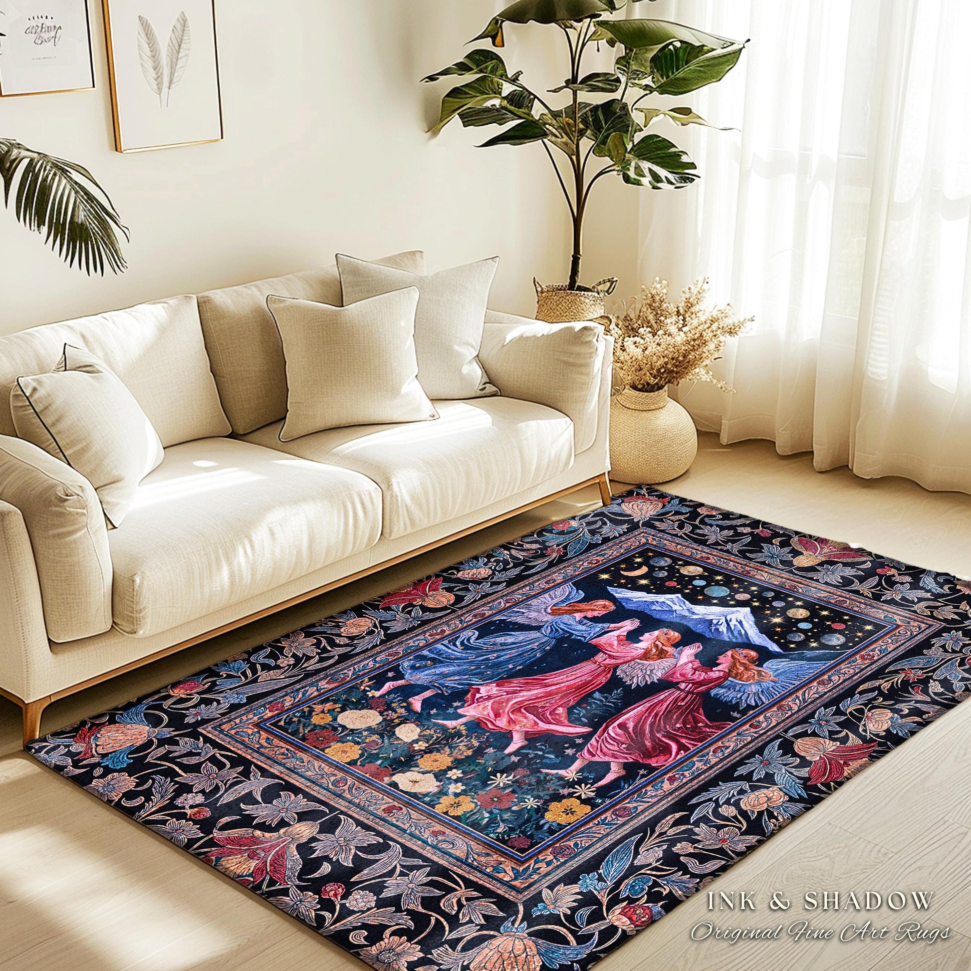 Mountain Fairies Magical Area Rug | Whimsical Scandinavian Folklore Jewel Tone Bedroom Medieval Angel Aesthetic Celestial Woodland Style |