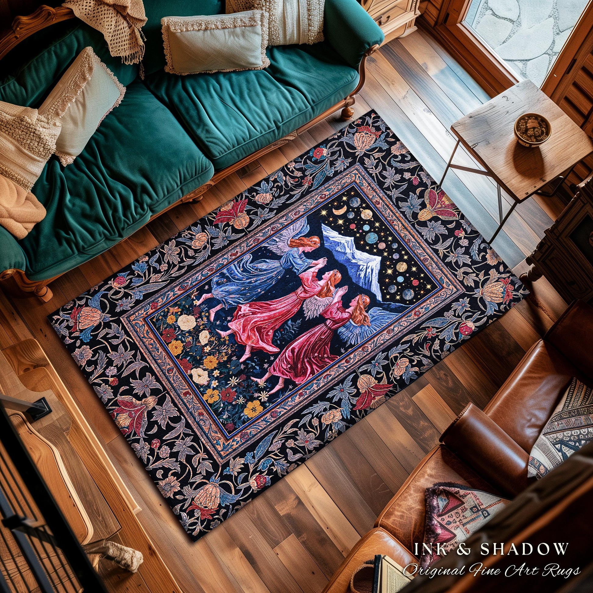 Mountain Fairies Magical Area Rug | Whimsical Scandinavian Folklore Jewel Tone Bedroom Medieval Angel Aesthetic Celestial Woodland Style |