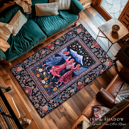 Mountain Fairies Magical Area Rug | Whimsical Scandinavian Folklore Jewel Tone Bedroom Medieval Angel Aesthetic Celestial Woodland Style |
