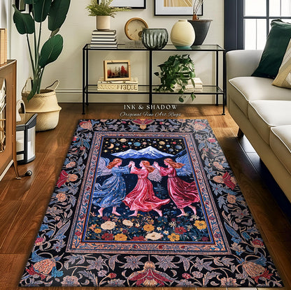 Mountain Fairies Magical Area Rug | Whimsical Scandinavian Folklore Jewel Tone Bedroom Medieval Angel Aesthetic Celestial Woodland Style |