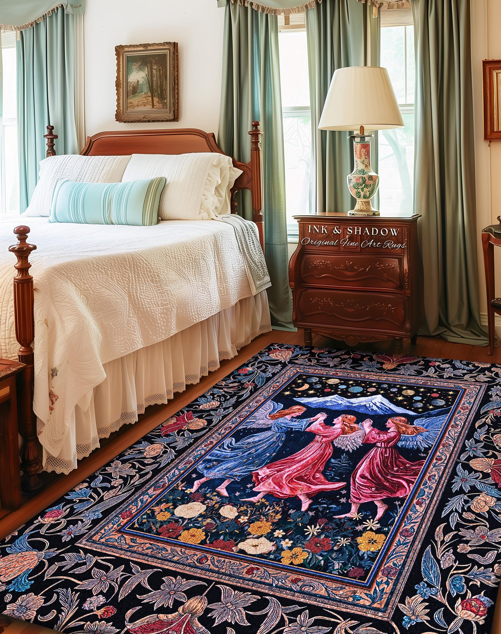 Mountain Fairies Magical Area Rug | Whimsical Scandinavian Folklore Jewel Tone Bedroom Medieval Angel Aesthetic Celestial Woodland Style |
