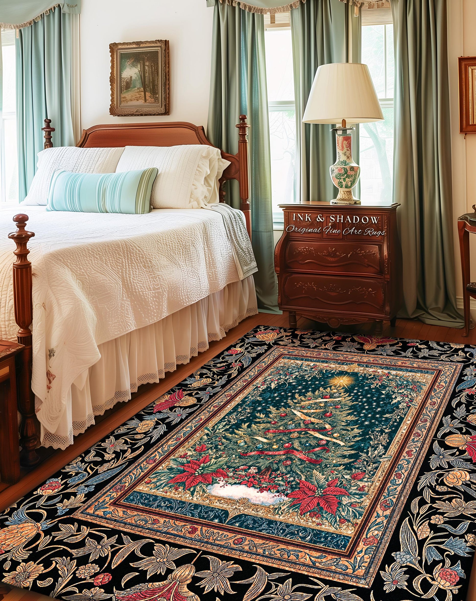 Gothic Floral Xmas Tree Blanket | Festive Baroque Style Woven Tapestry Vintage Holiday Decor Cozy Winter Aesthetic Heirloom Rustic Christmas