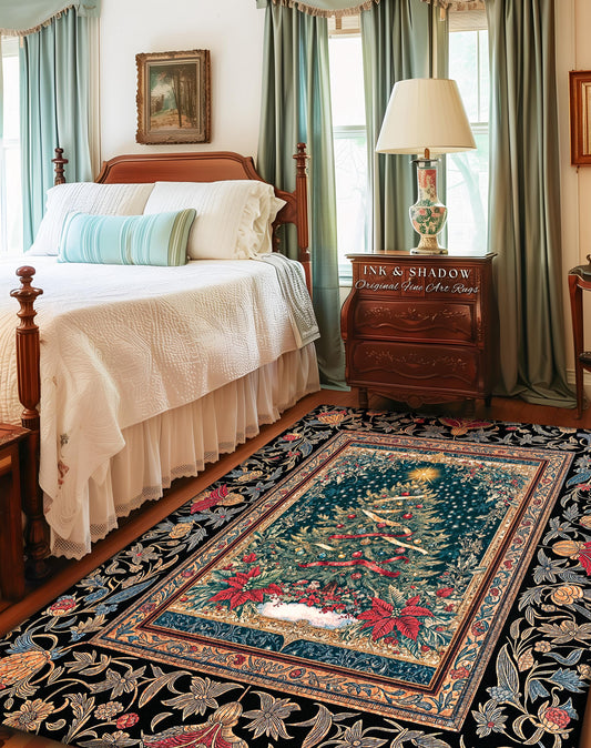 Gothic Floral Xmas Tree Blanket | Festive Baroque Style Woven Tapestry Vintage Holiday Decor Cozy Winter Aesthetic Heirloom Rustic Christmas