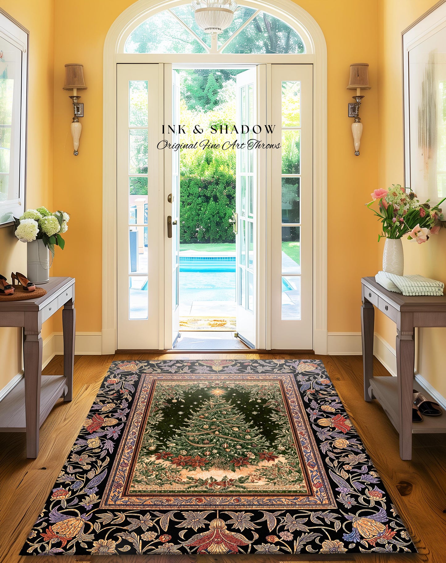 Warm & Cozy Christmas Tree Rug | Festive Vintage Holiday Floor Art Whimsical Winter Decor Decorative Floral Victorian Style Xmas Aesthetic