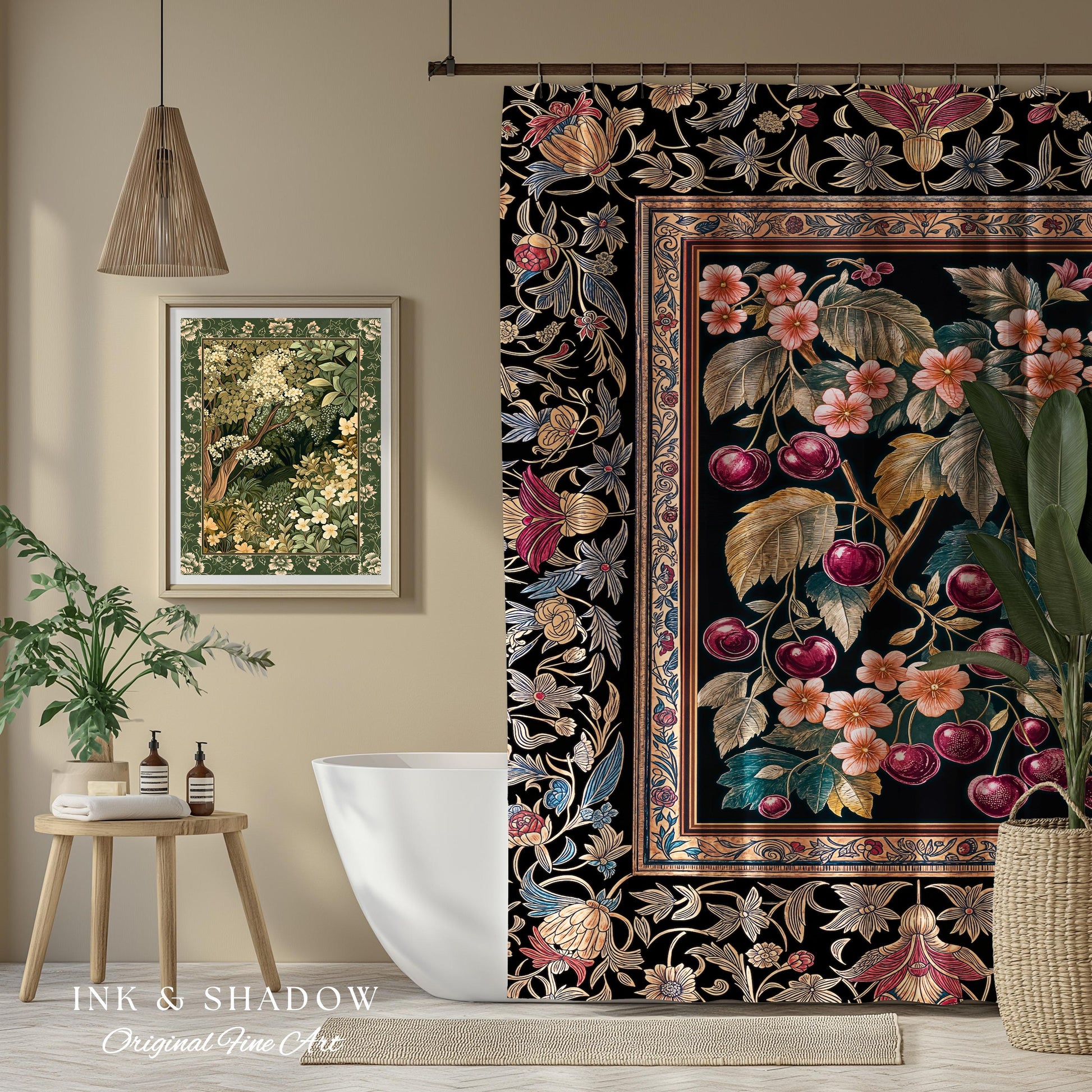 Dark Romantic Cherry Blossom Shower Curtain | Vintage Botanical Art Gothic Floral Design Moody Accent Baroque Cottagecore Bathroom Decor |