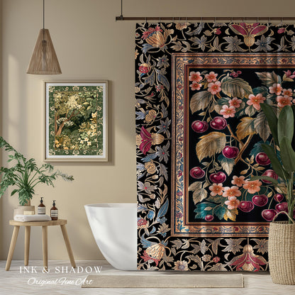 Dark Romantic Cherry Blossom Shower Curtain | Vintage Botanical Art Gothic Floral Design Moody Accent Baroque Cottagecore Bathroom Decor |