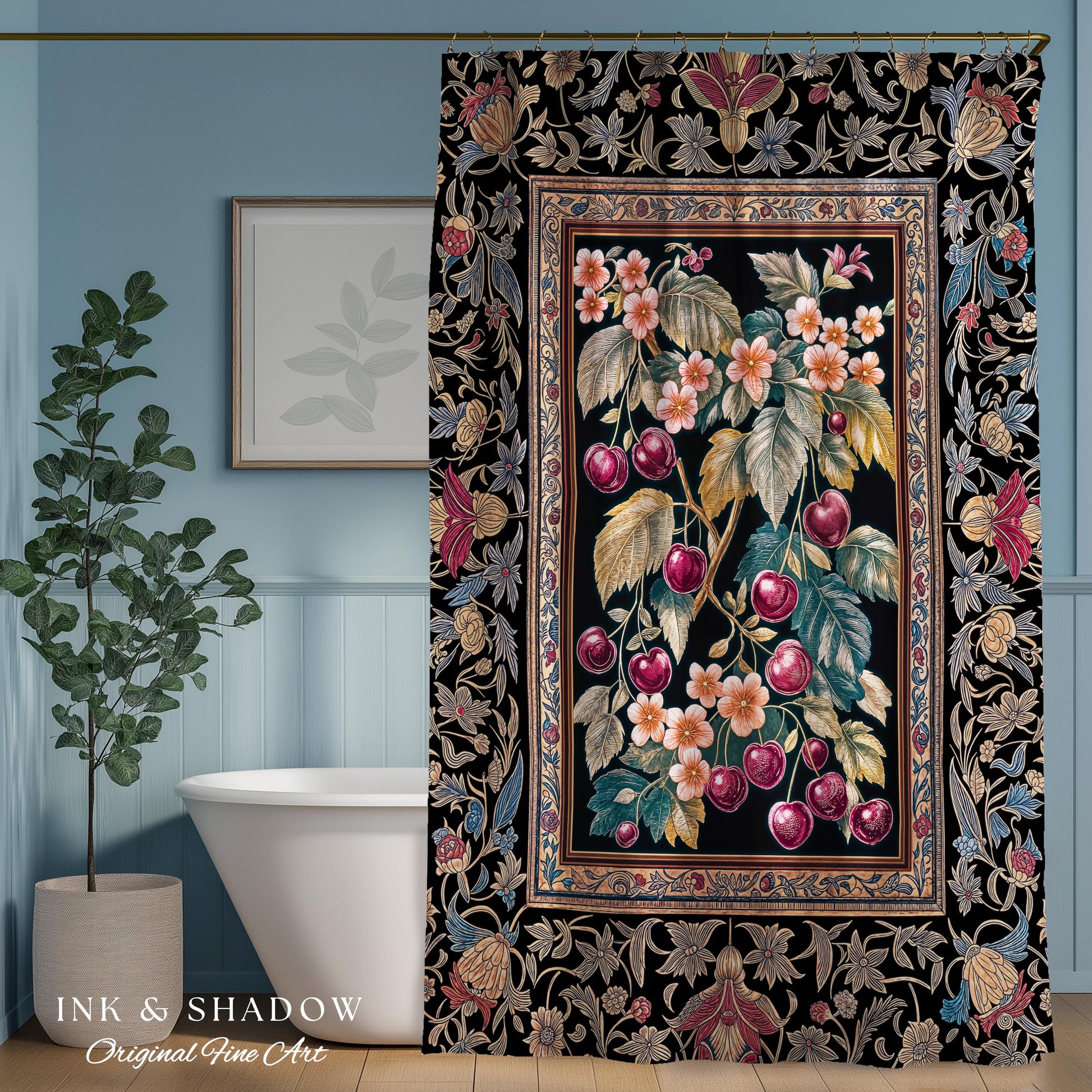 Dark Romantic Cherry Blossom Shower Curtain | Vintage Botanical Art Gothic Floral Design Moody Accent Baroque Cottagecore Bathroom Decor |