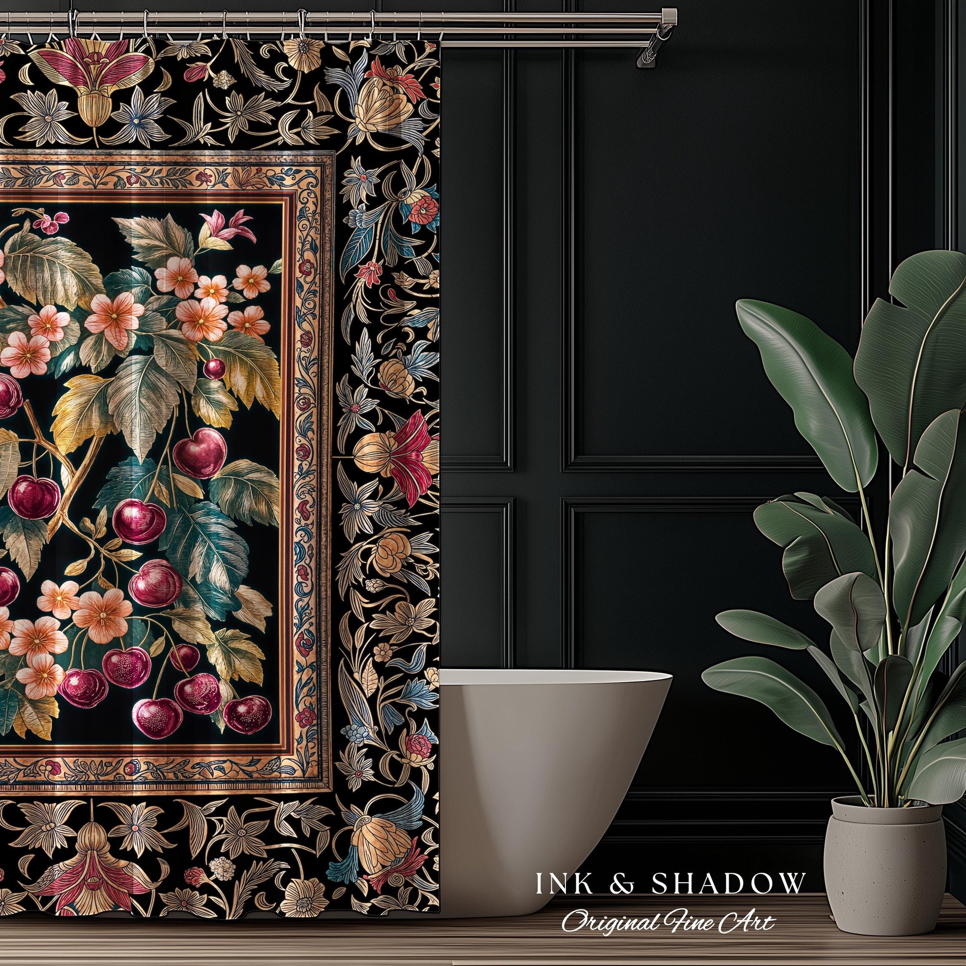 Dark Romantic Cherry Blossom Shower Curtain | Vintage Botanical Art Gothic Floral Design Moody Accent Baroque Cottagecore Bathroom Decor |