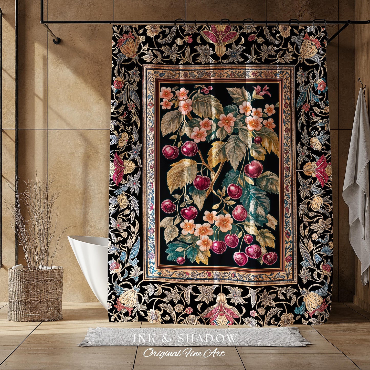 Dark Romantic Cherry Blossom Shower Curtain | Vintage Botanical Art Gothic Floral Design Moody Accent Baroque Cottagecore Bathroom Decor |