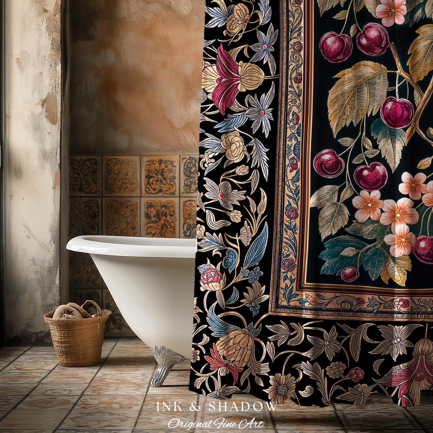 Dark Romantic Cherry Blossom Shower Curtain | Vintage Botanical Art Gothic Floral Design Moody Accent Baroque Cottagecore Bathroom Decor |