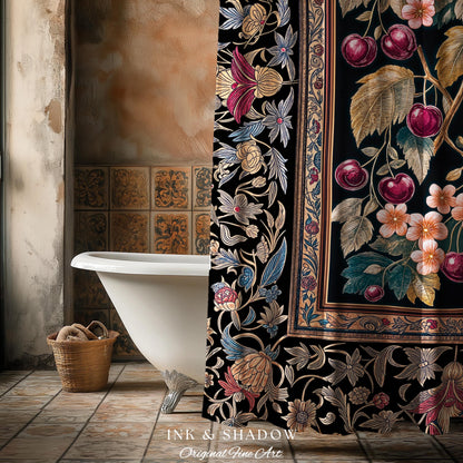 Dark Romantic Cherry Blossom Shower Curtain | Vintage Botanical Art Gothic Floral Design Moody Accent Baroque Cottagecore Bathroom Decor |