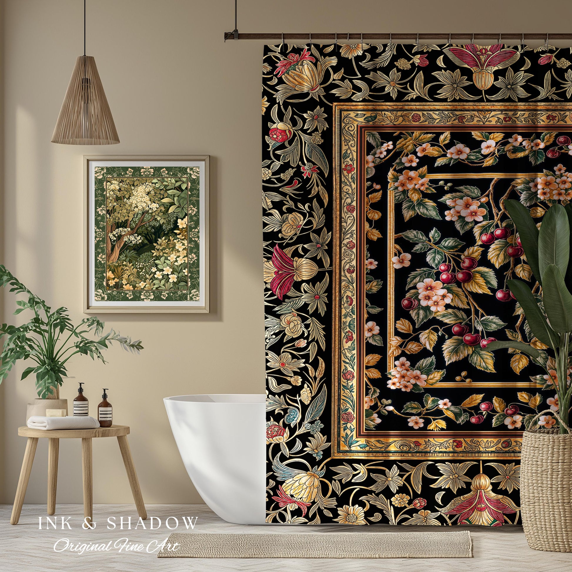 Mystic Baroque Cherry Garden Shower Curtain | Ornate Botanical Design Romantic Fruit Pattern Gothic Nature Rococo Floral Bathroom Accent |