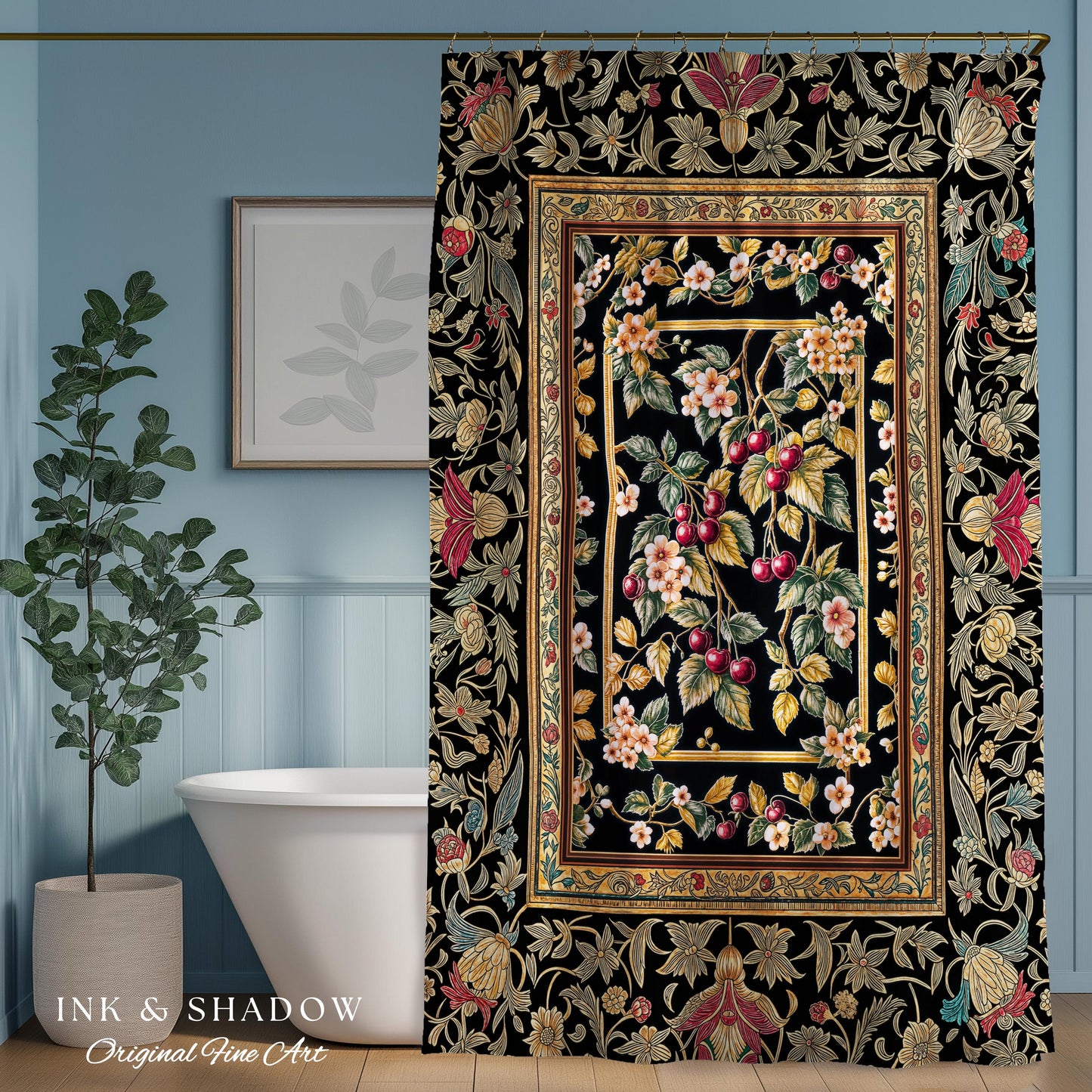 Mystic Baroque Cherry Garden Shower Curtain | Ornate Botanical Design Romantic Fruit Pattern Gothic Nature Rococo Floral Bathroom Accent |