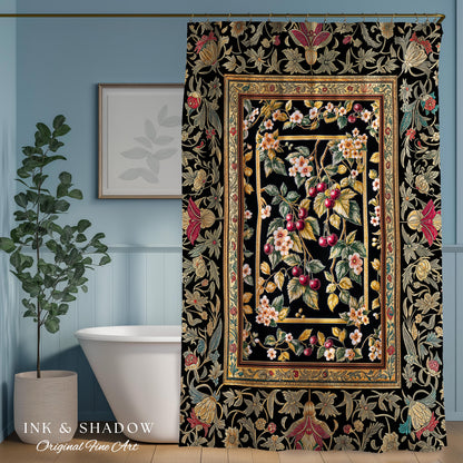 Mystic Baroque Cherry Garden Shower Curtain | Ornate Botanical Design Romantic Fruit Pattern Gothic Nature Rococo Floral Bathroom Accent |