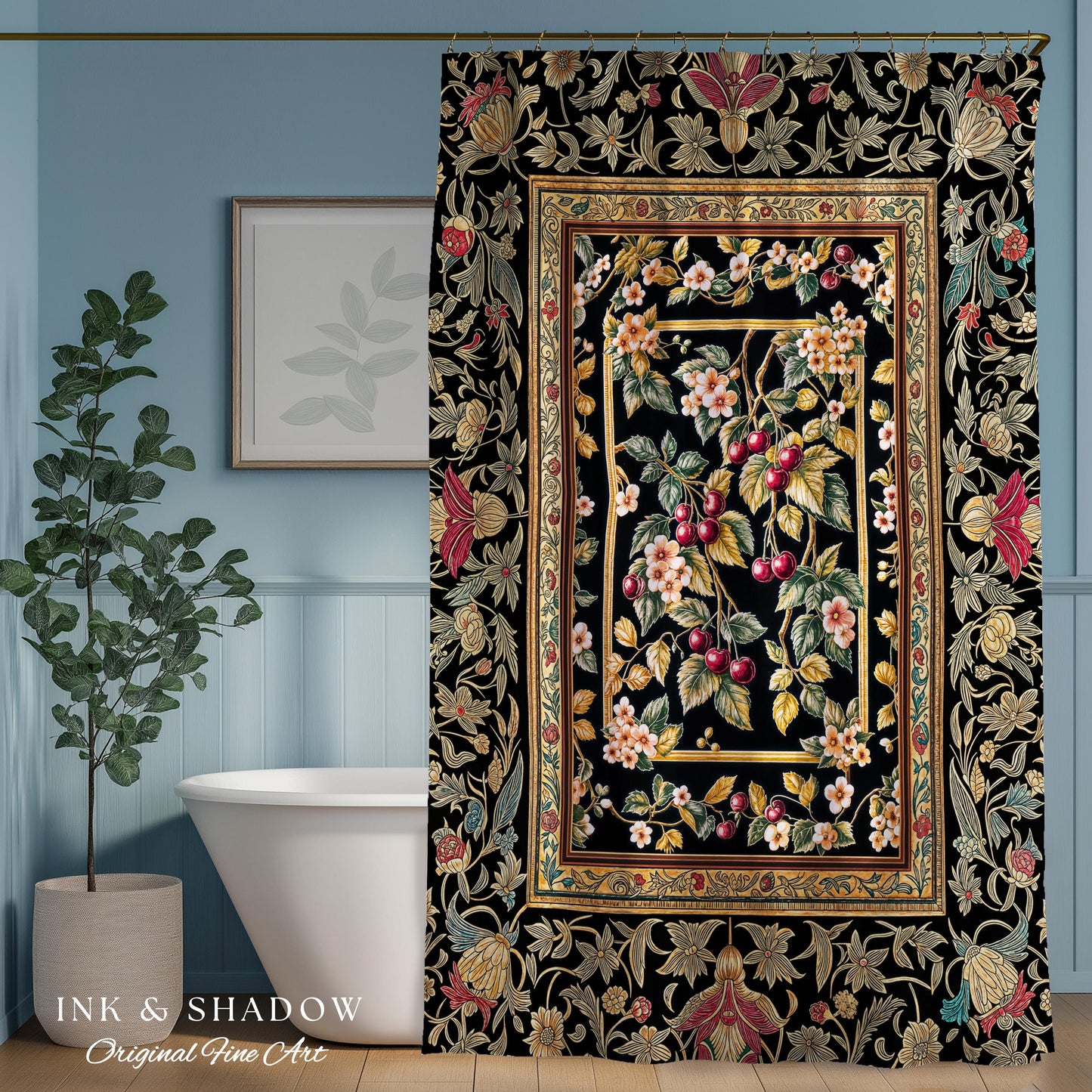 Mystic Baroque Cherry Garden Shower Curtain | Ornate Botanical Design Romantic Fruit Pattern Gothic Nature Rococo Floral Bathroom Accent |