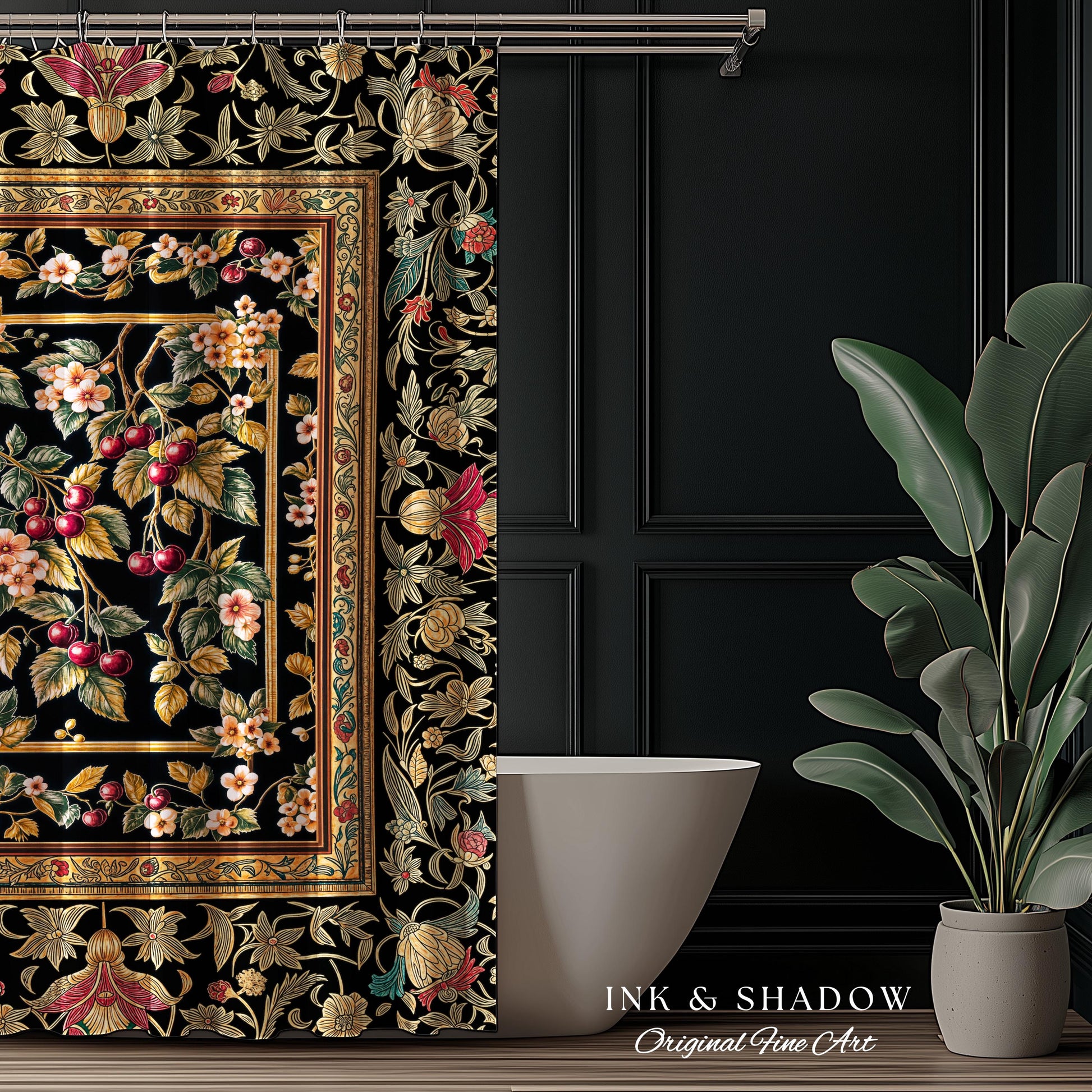 Mystic Baroque Cherry Garden Shower Curtain | Ornate Botanical Design Romantic Fruit Pattern Gothic Nature Rococo Floral Bathroom Accent |