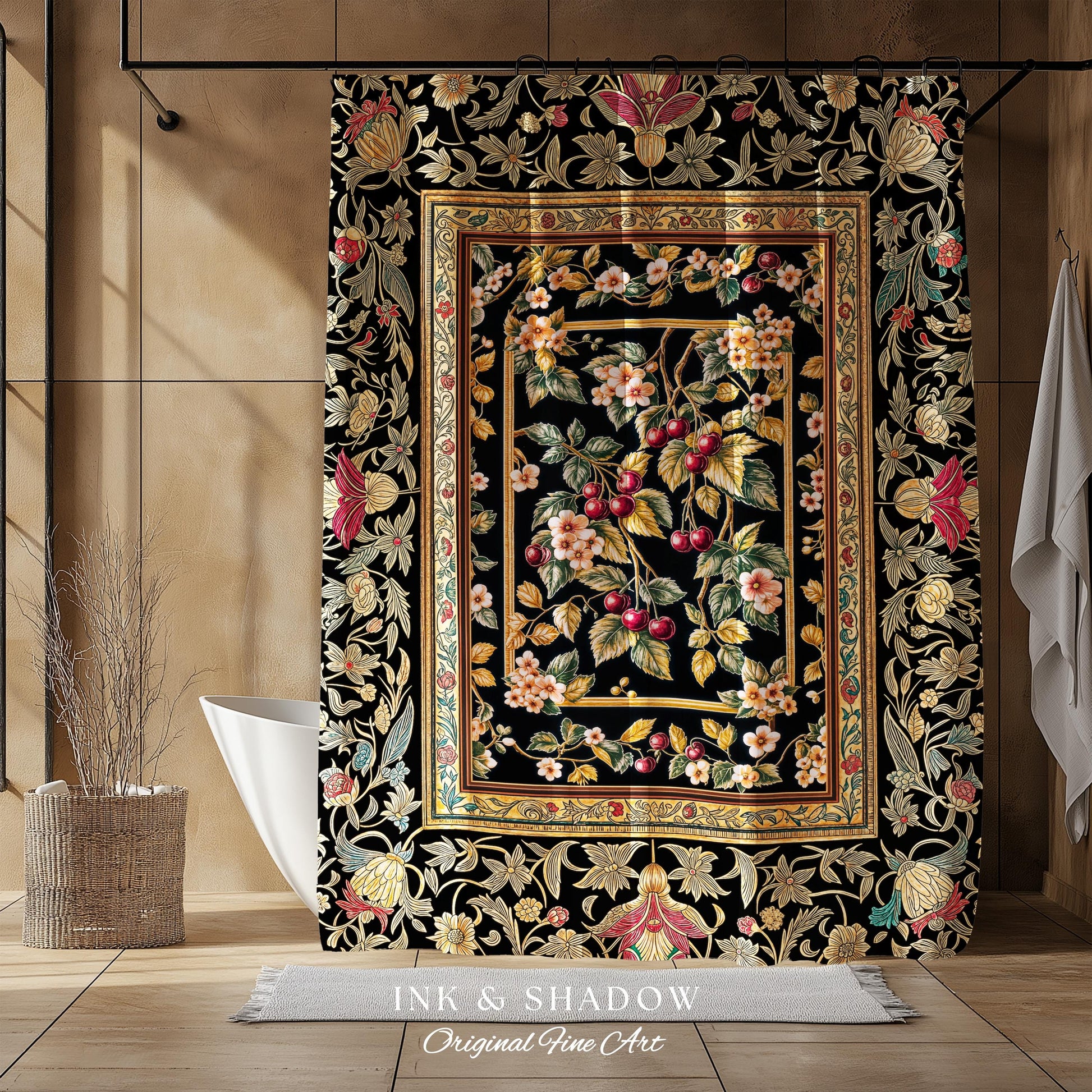 Mystic Baroque Cherry Garden Shower Curtain | Ornate Botanical Design Romantic Fruit Pattern Gothic Nature Rococo Floral Bathroom Accent |