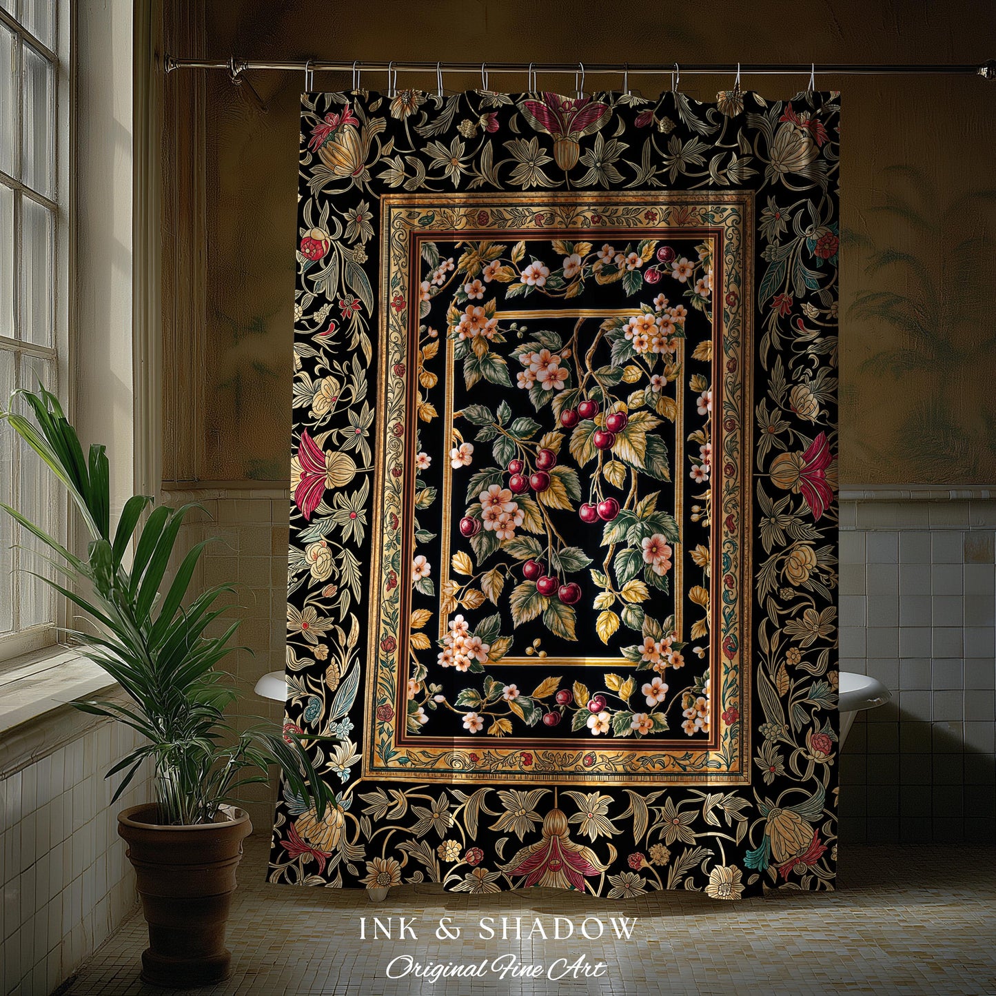 Mystic Baroque Cherry Garden Shower Curtain | Ornate Botanical Design Romantic Fruit Pattern Gothic Nature Rococo Floral Bathroom Accent |