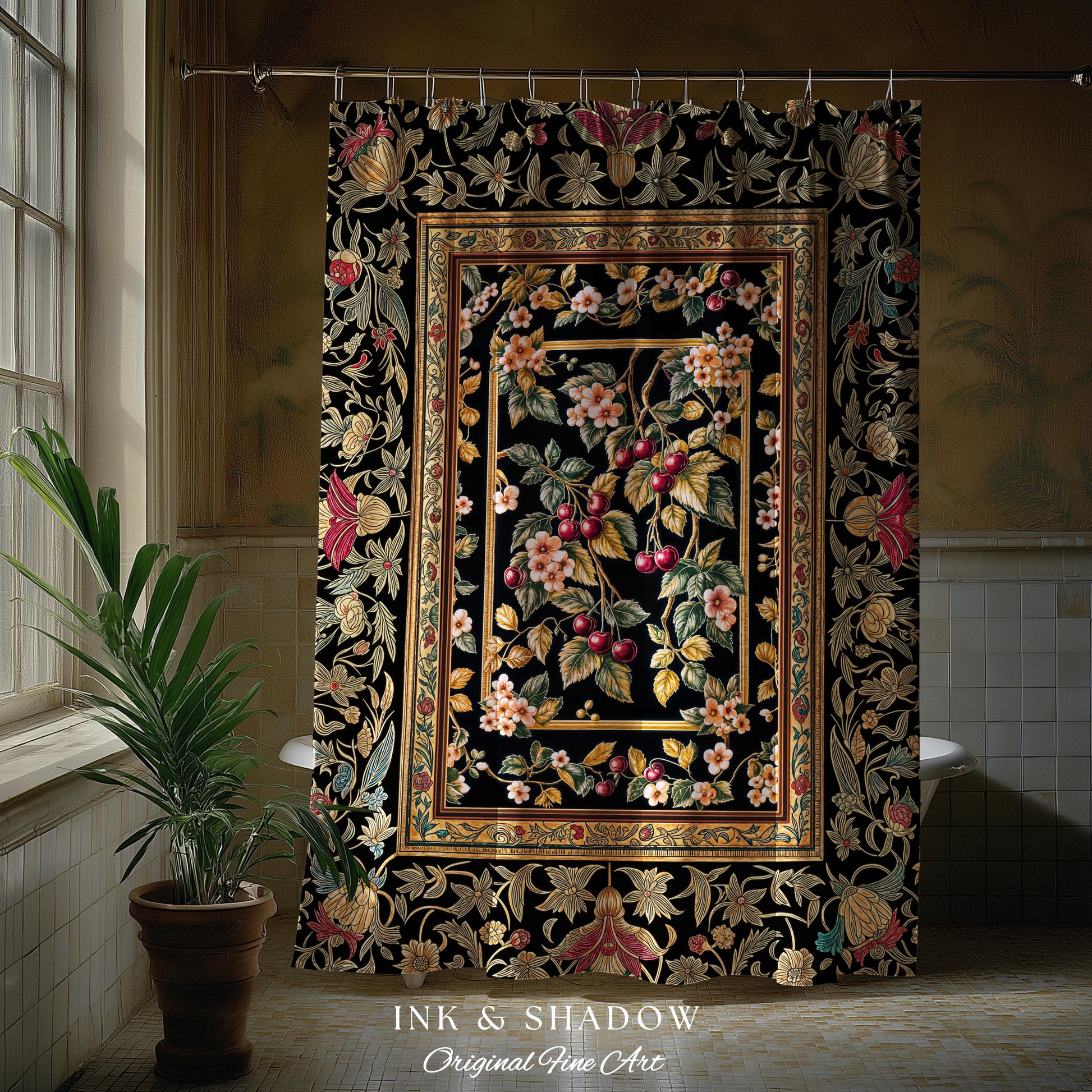 Mystic Baroque Cherry Garden Shower Curtain | Ornate Botanical Design Romantic Fruit Pattern Gothic Nature Rococo Floral Bathroom Accent |
