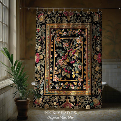 Mystic Baroque Cherry Garden Shower Curtain | Ornate Botanical Design Romantic Fruit Pattern Gothic Nature Rococo Floral Bathroom Accent |