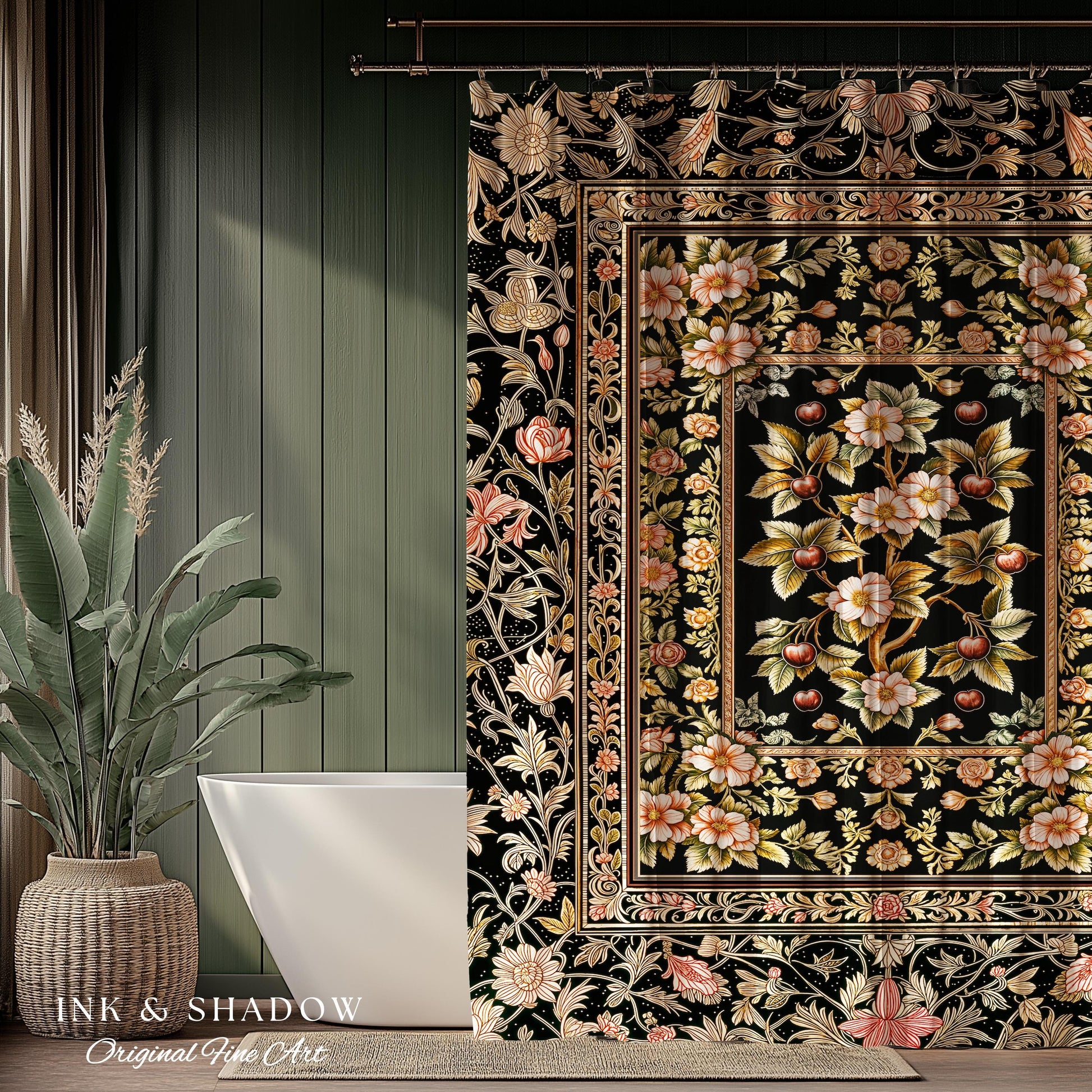 Maximalist Cherry Blossom Shower Curtain | Moody Gothic Garden Decor Romantic Floral Fruit Bathroom Accent Victorian Style Botanical Bath