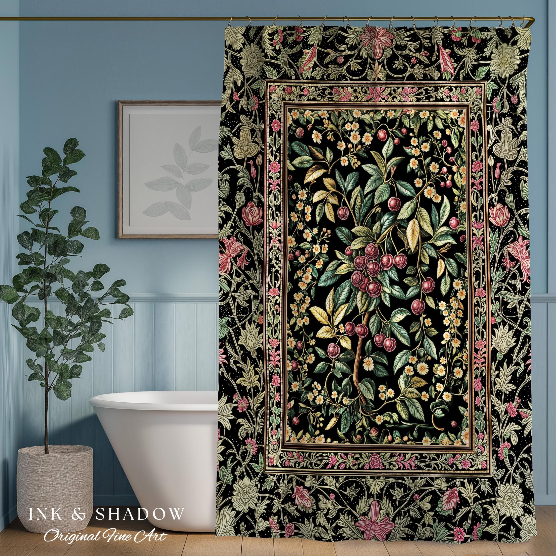 Gothic Elegance Cherry Shower Curtain | Victorian Cottagecore Decor Baroque Floral Style Gothic Garden Romantic Dark Aesthetic Bathroom |