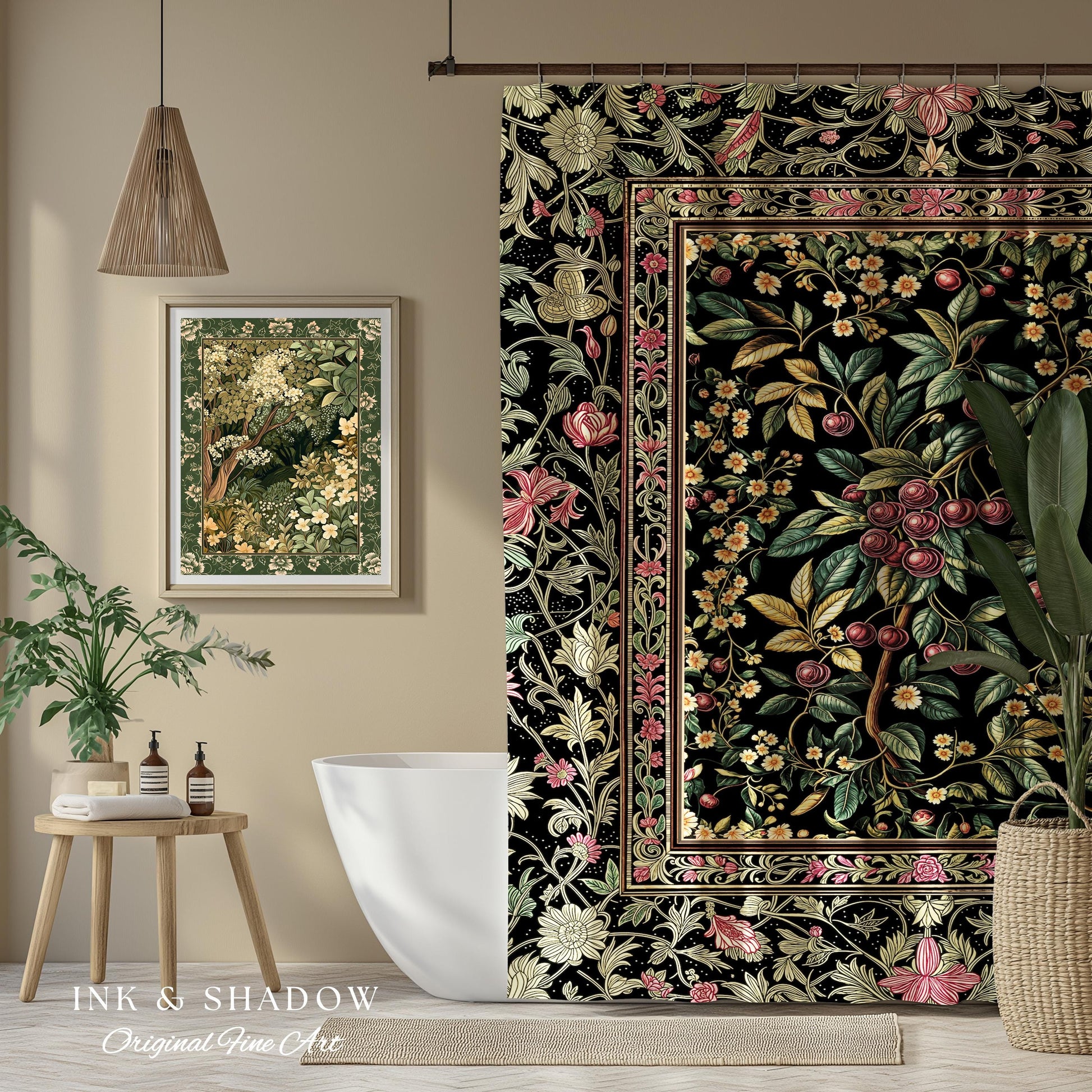 Gothic Elegance Cherry Shower Curtain | Victorian Cottagecore Decor Baroque Floral Style Gothic Garden Romantic Dark Aesthetic Bathroom |