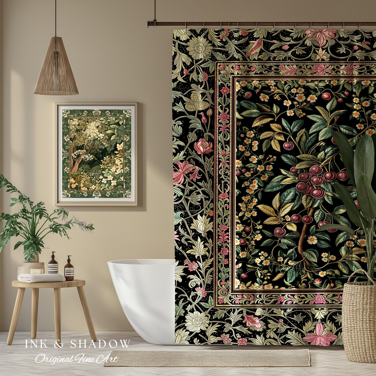 Gothic Elegance Cherry Shower Curtain | Victorian Cottagecore Decor Baroque Floral Style Gothic Garden Romantic Dark Aesthetic Bathroom |