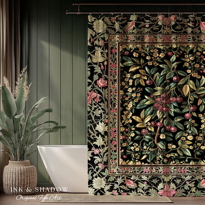 Gothic Elegance Cherry Shower Curtain | Victorian Cottagecore Decor Baroque Floral Style Gothic Garden Romantic Dark Aesthetic Bathroom |