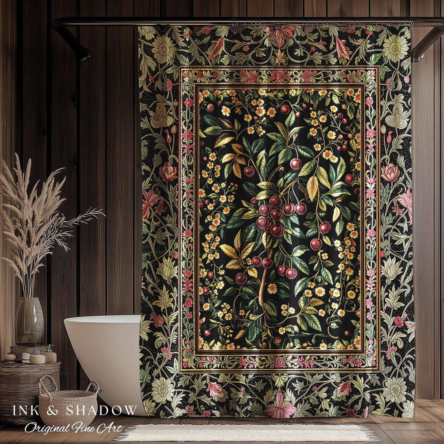 Gothic Elegance Cherry Shower Curtain | Victorian Cottagecore Decor Baroque Floral Style Gothic Garden Romantic Dark Aesthetic Bathroom |