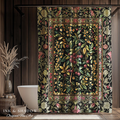 Gothic Elegance Cherry Shower Curtain | Victorian Cottagecore Decor Baroque Floral Style Gothic Garden Romantic Dark Aesthetic Bathroom |