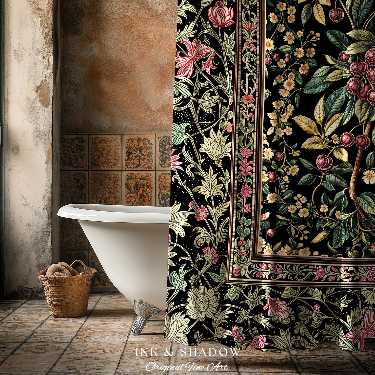 Gothic Elegance Cherry Shower Curtain | Victorian Cottagecore Decor Baroque Floral Style Gothic Garden Romantic Dark Aesthetic Bathroom |