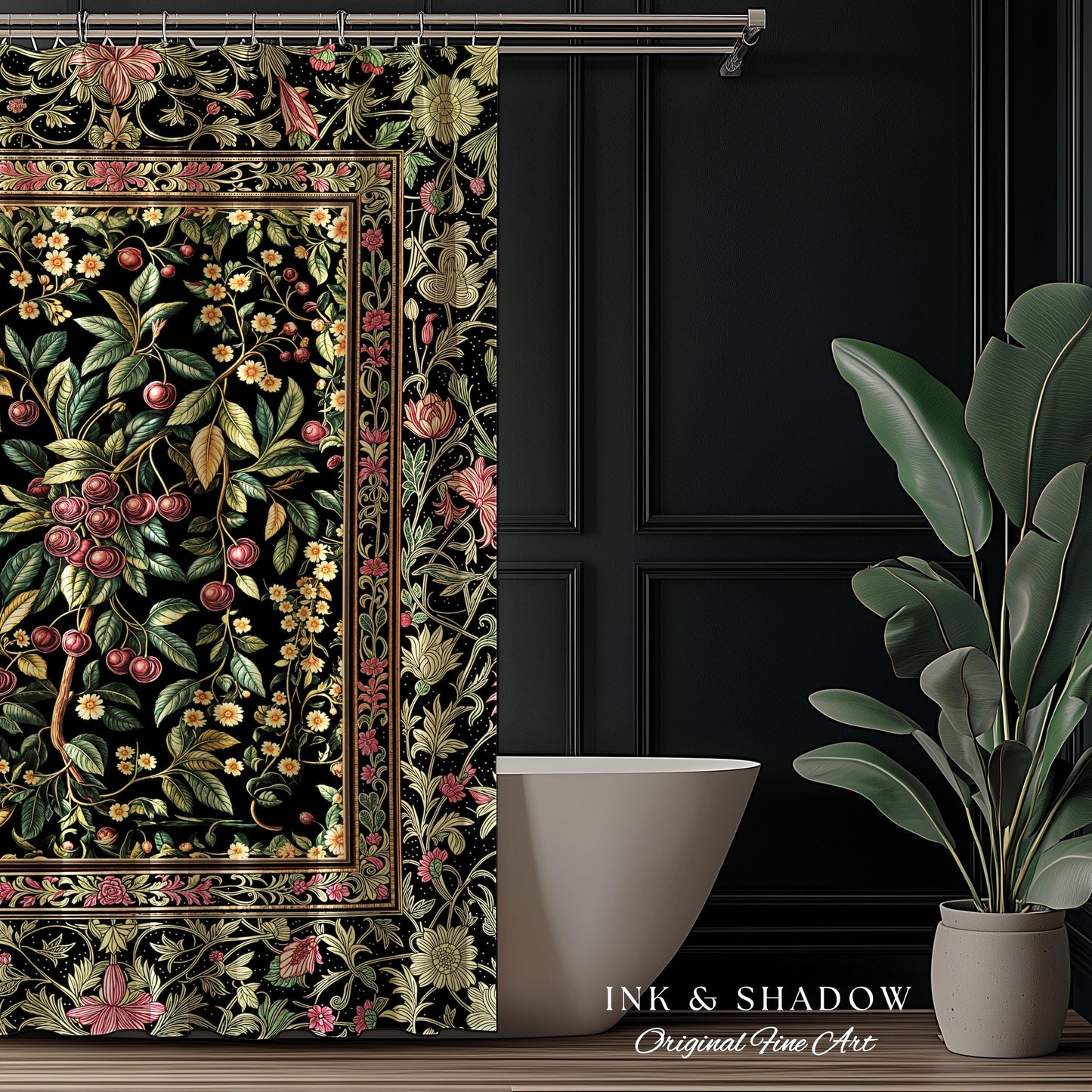 Gothic Elegance Cherry Shower Curtain | Victorian Cottagecore Decor Baroque Floral Style Gothic Garden Romantic Dark Aesthetic Bathroom |