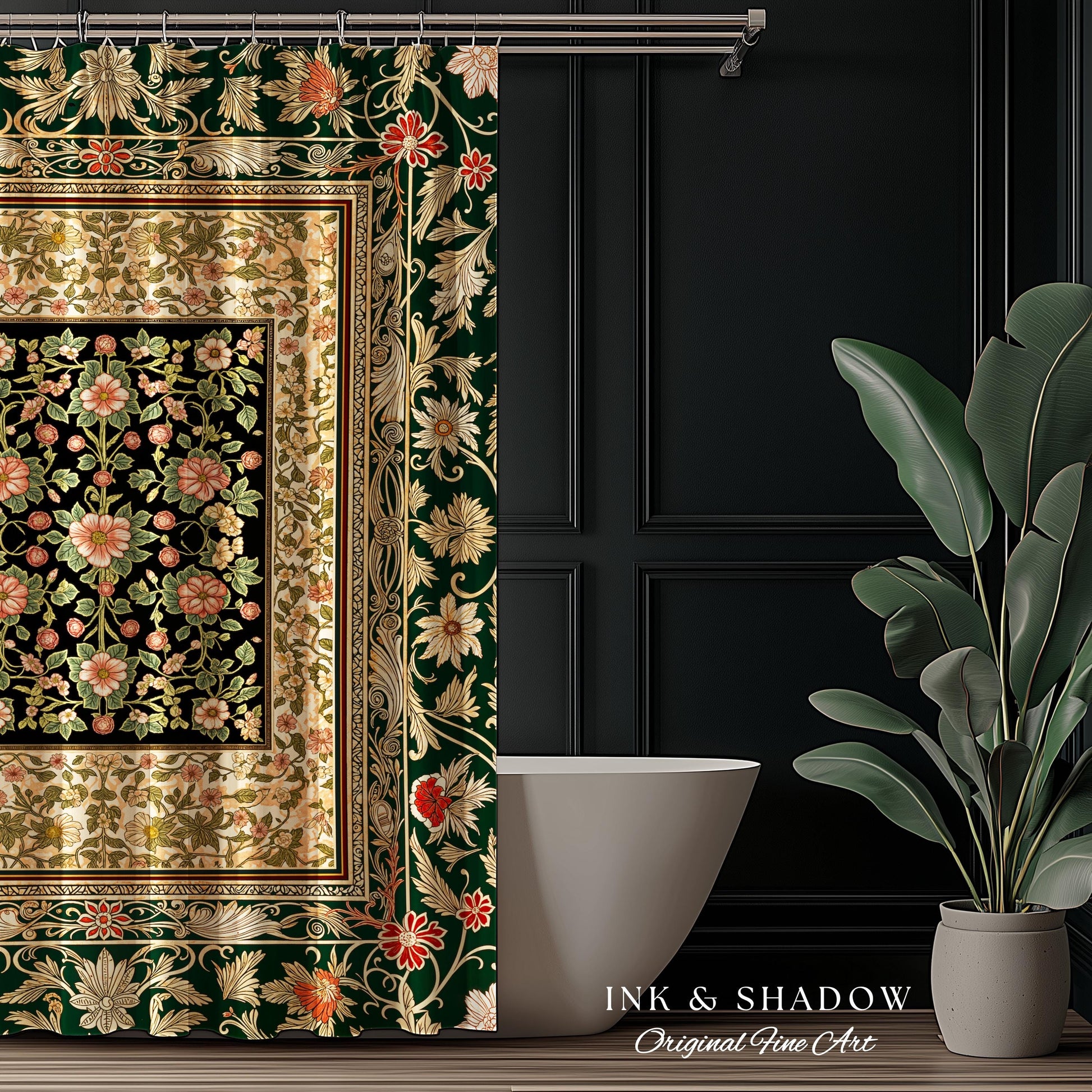 Victorian Garden Floral Shower Curtain | Romantic Rococo Botanical Bathroom Accent Baroque Pattern Heritage Decor Cottagecore Toned Interior