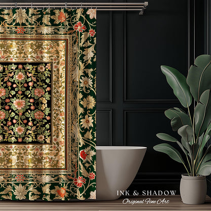 Victorian Garden Floral Shower Curtain | Romantic Rococo Botanical Bathroom Accent Baroque Pattern Heritage Decor Cottagecore Toned Interior