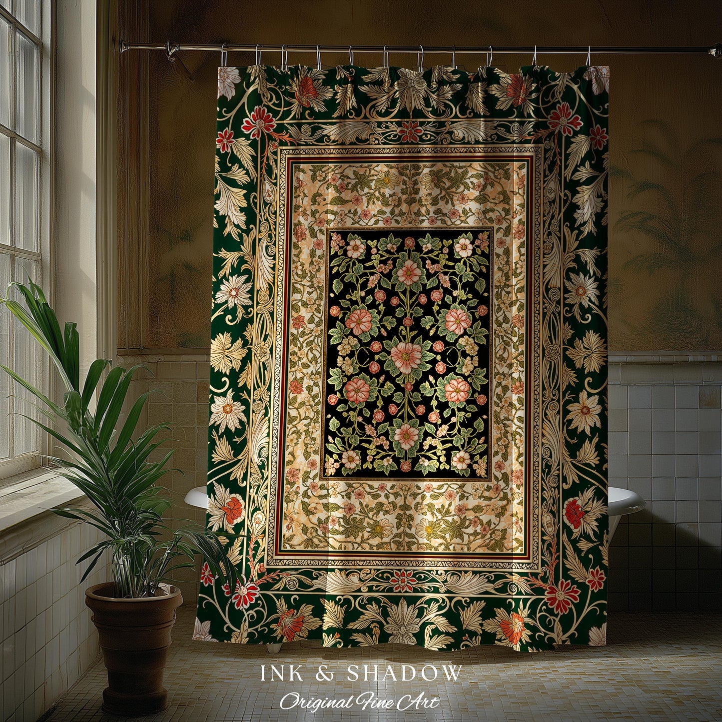 Victorian Garden Floral Shower Curtain | Romantic Rococo Botanical Bathroom Accent Baroque Pattern Heritage Decor Cottagecore Toned Interior