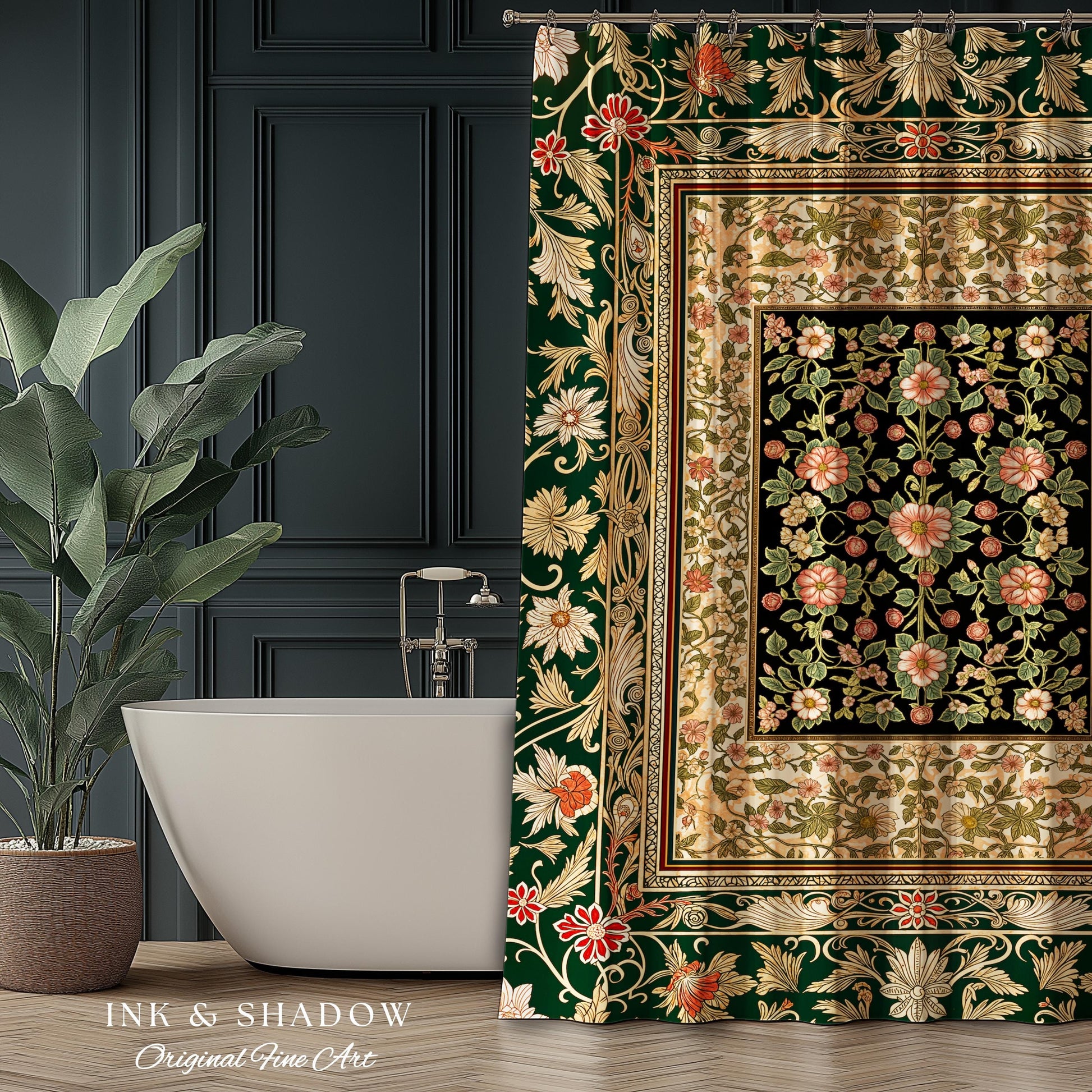 Victorian Garden Floral Shower Curtain | Romantic Rococo Botanical Bathroom Accent Baroque Pattern Heritage Decor Cottagecore Toned Interior