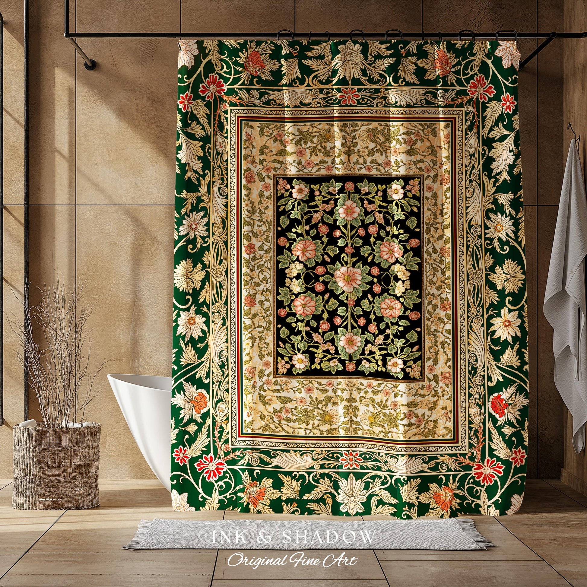 Victorian Garden Floral Shower Curtain | Romantic Rococo Botanical Bathroom Accent Baroque Pattern Heritage Decor Cottagecore Toned Interior