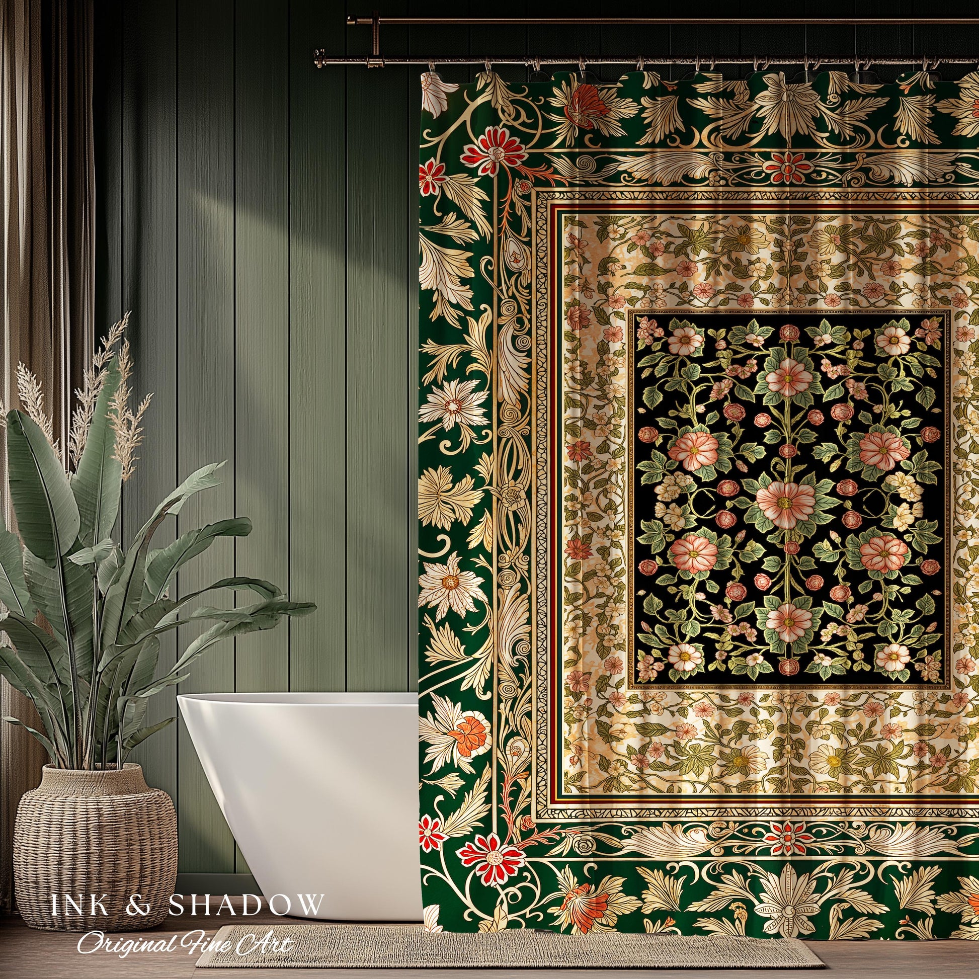 Victorian Garden Floral Shower Curtain | Romantic Rococo Botanical Bathroom Accent Baroque Pattern Heritage Decor Cottagecore Toned Interior