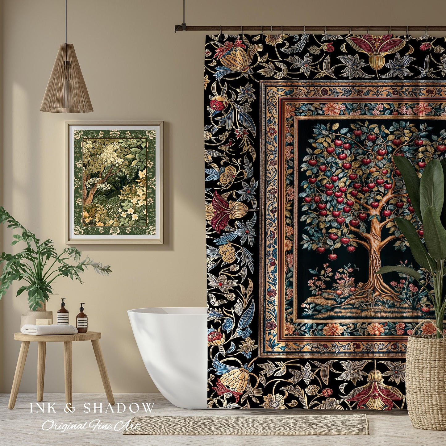 Medieval Cherry Tree of Life Shower Curtain | Baroque Botanical Pattern Romantic Gothic Style Garden Fruit Accent Maximalist Bathroom Decor