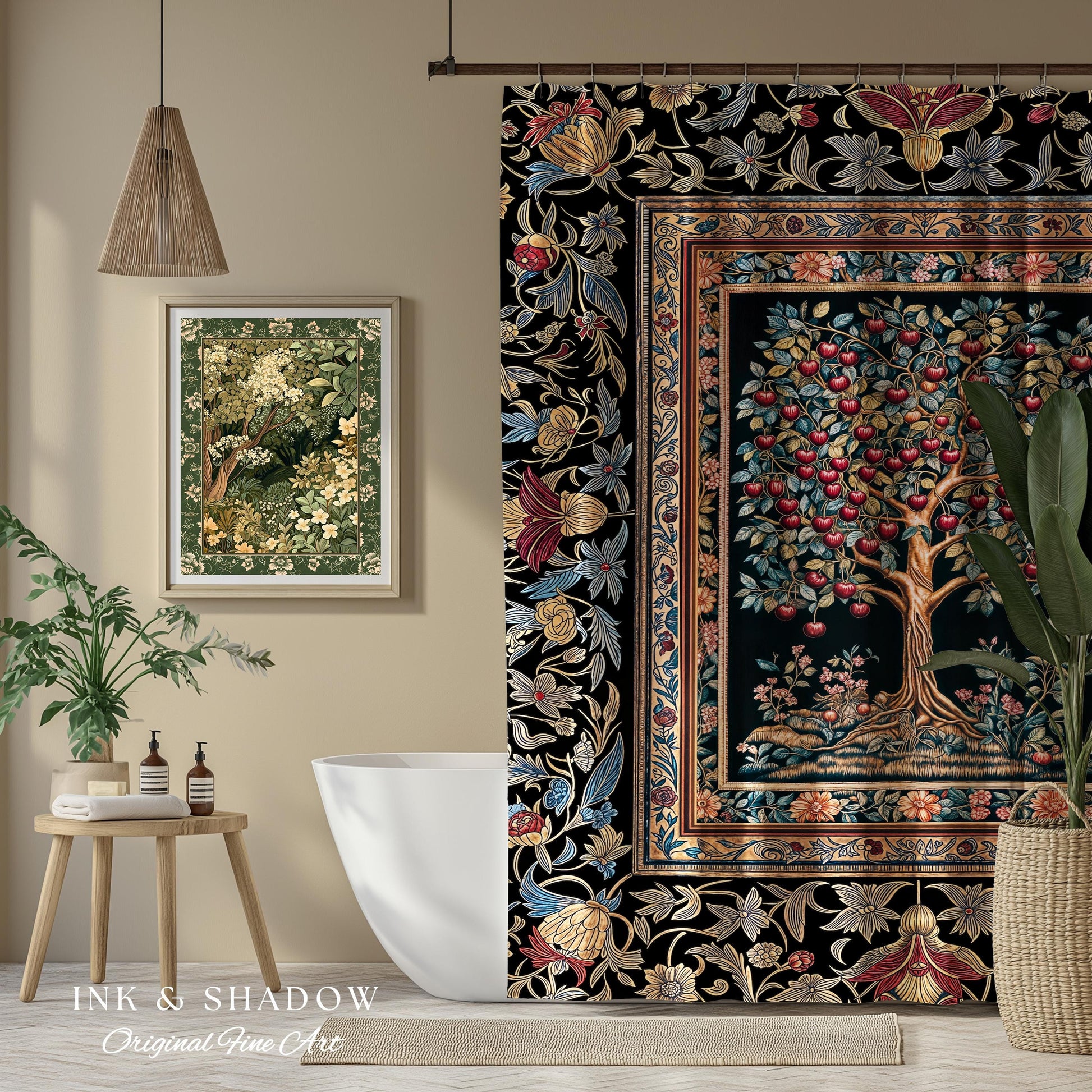 Medieval Cherry Tree of Life Shower Curtain | Baroque Botanical Pattern Romantic Gothic Style Garden Fruit Accent Maximalist Bathroom Decor